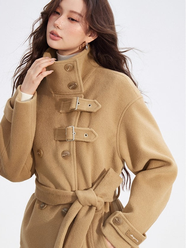 Double-Breasted Wool Blend Stand-Collar Coat