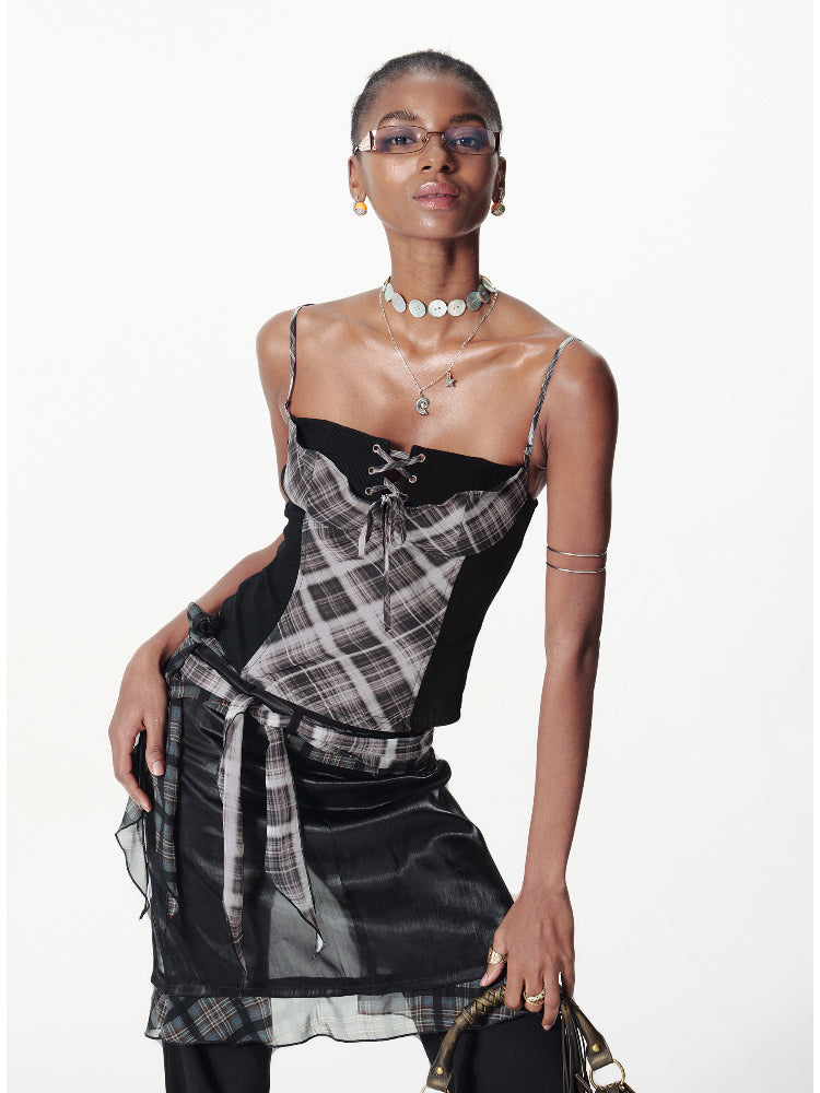 Strappy Contrast Polka Dot Plaid Cami - CHINASQUAD