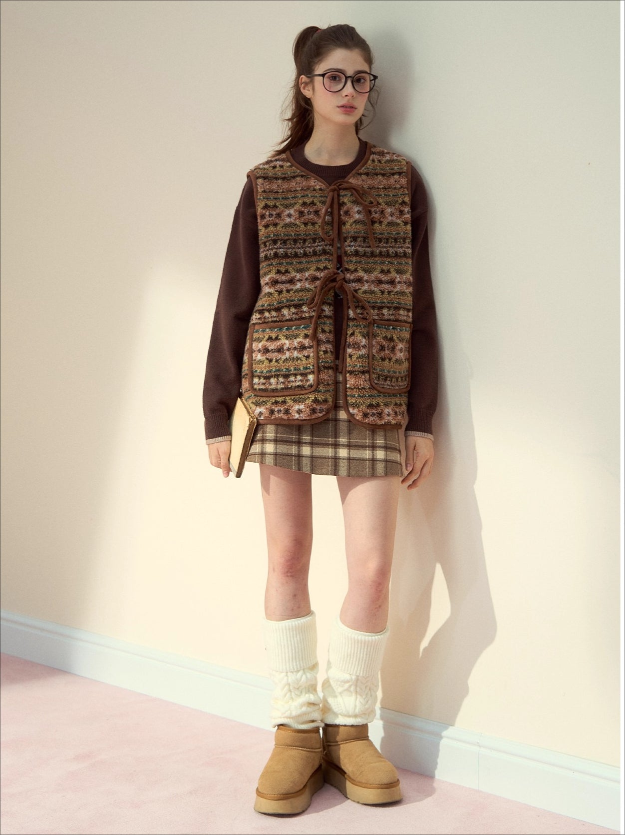 Mocha Fair Isle Reversible Tie-Front Shearling Vest - CHINASQUAD