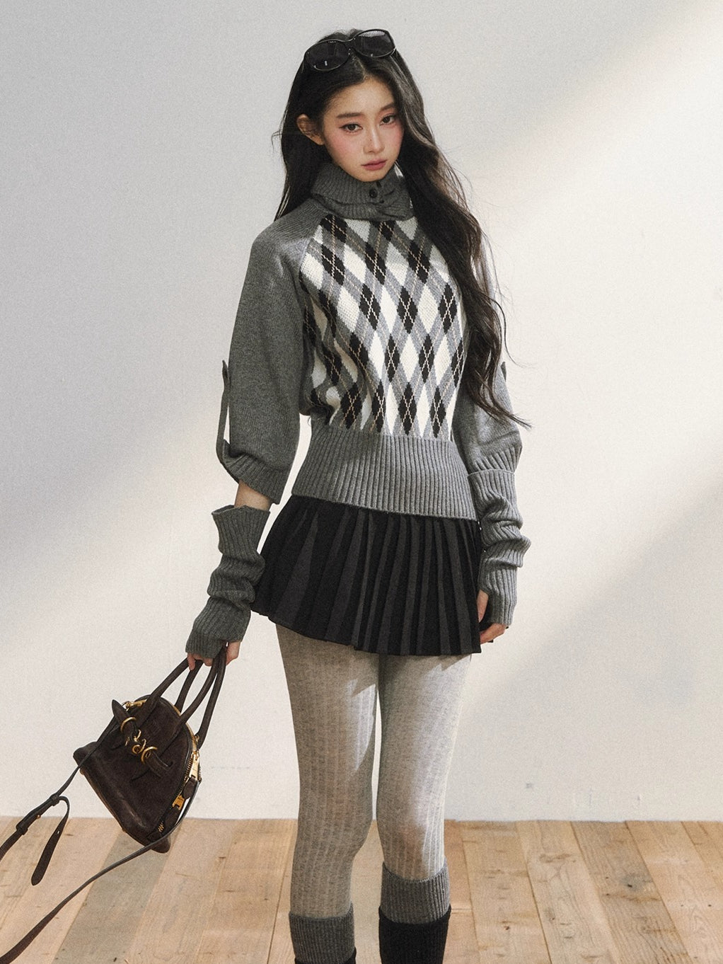 Vintage Argyle Knit Turtleneck Sweater & Skirt Set