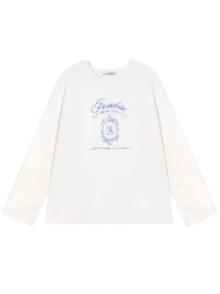 White Crew-Neck College Print Long-Sleeve T-Shirt - CHINASQUAD