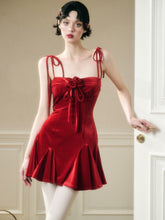 Classic Red Velvet Handcrafted Floral Velvet Dress - CHINASQUAD