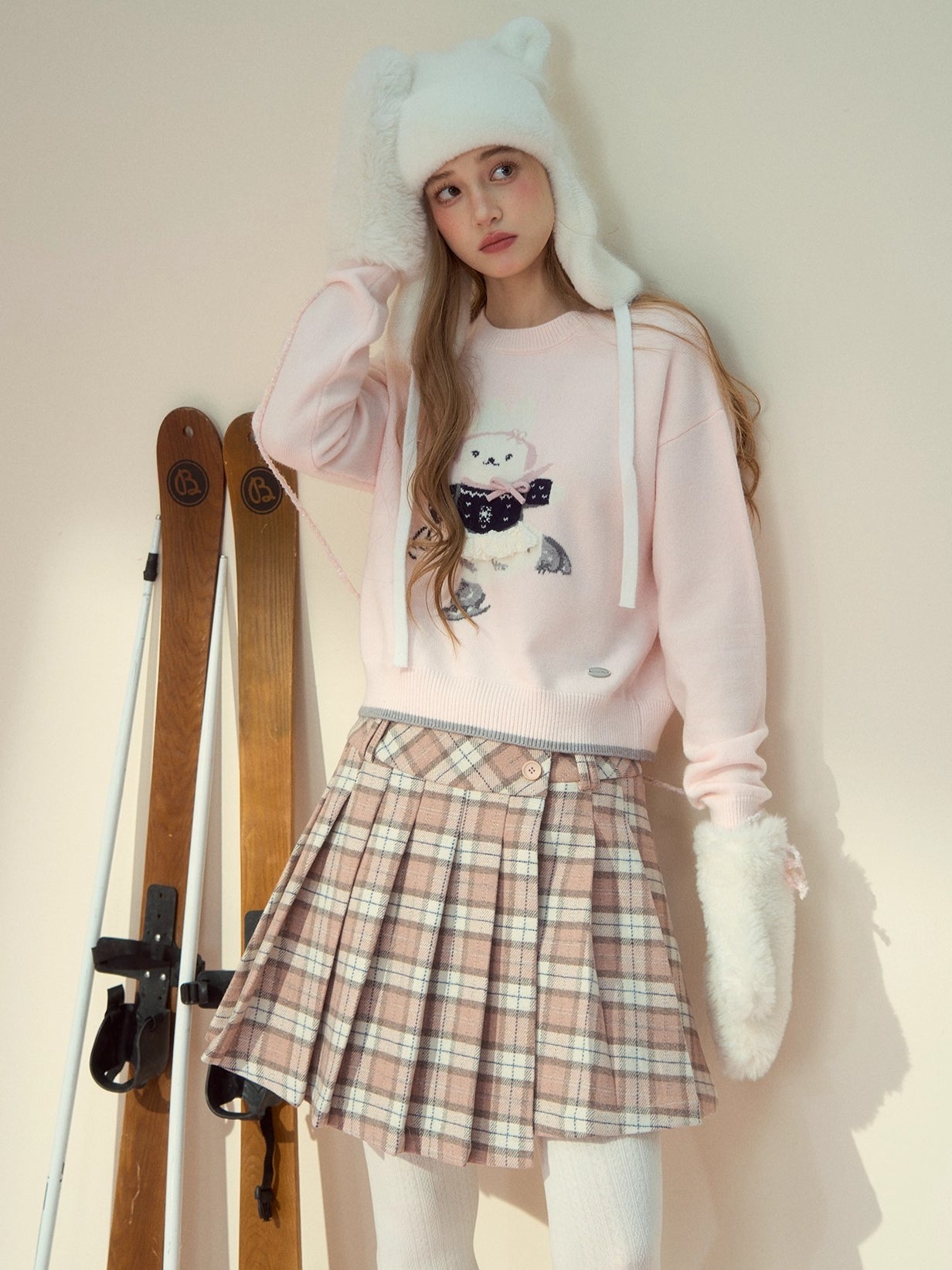 Blush Plaid Wool A-Line Pleated Skirt - CHINASQUAD