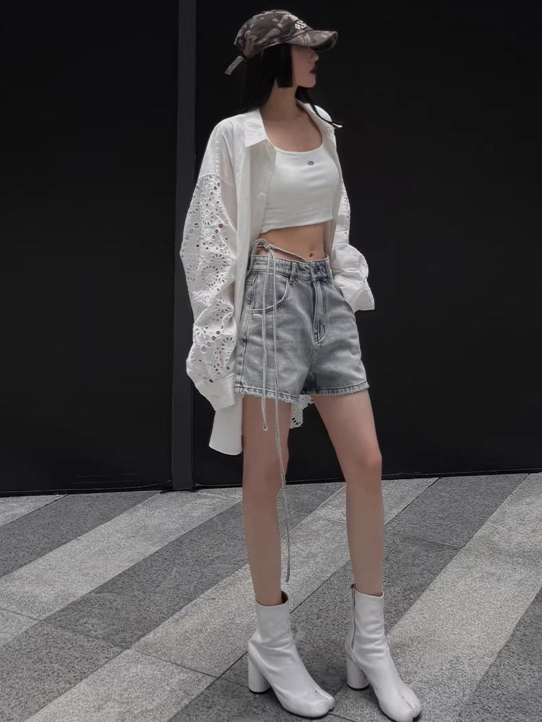 Embroidered Panel Oversized Cotton Shirt