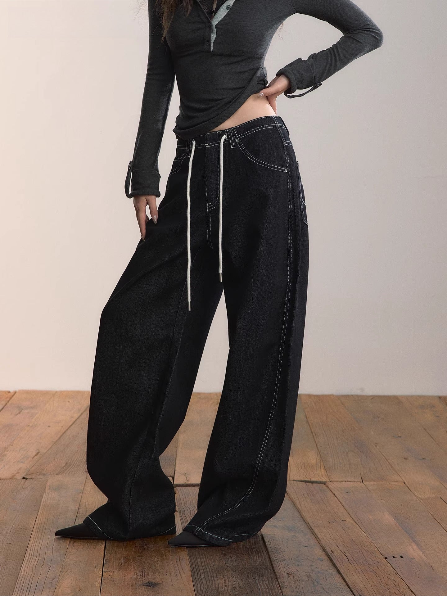 Denim Essence Relaxed Drawstring Pants - CHINASQUAD