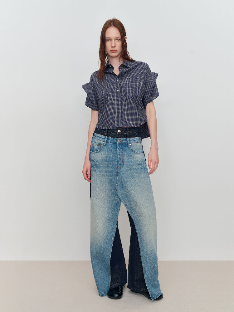 Spliced Fake Two-Piece Wide-Leg Jeans - CHINASQUAD
