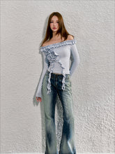 Washed Blue Reflective Foil Micro-flare Denim Trousers - CHINASQUAD
