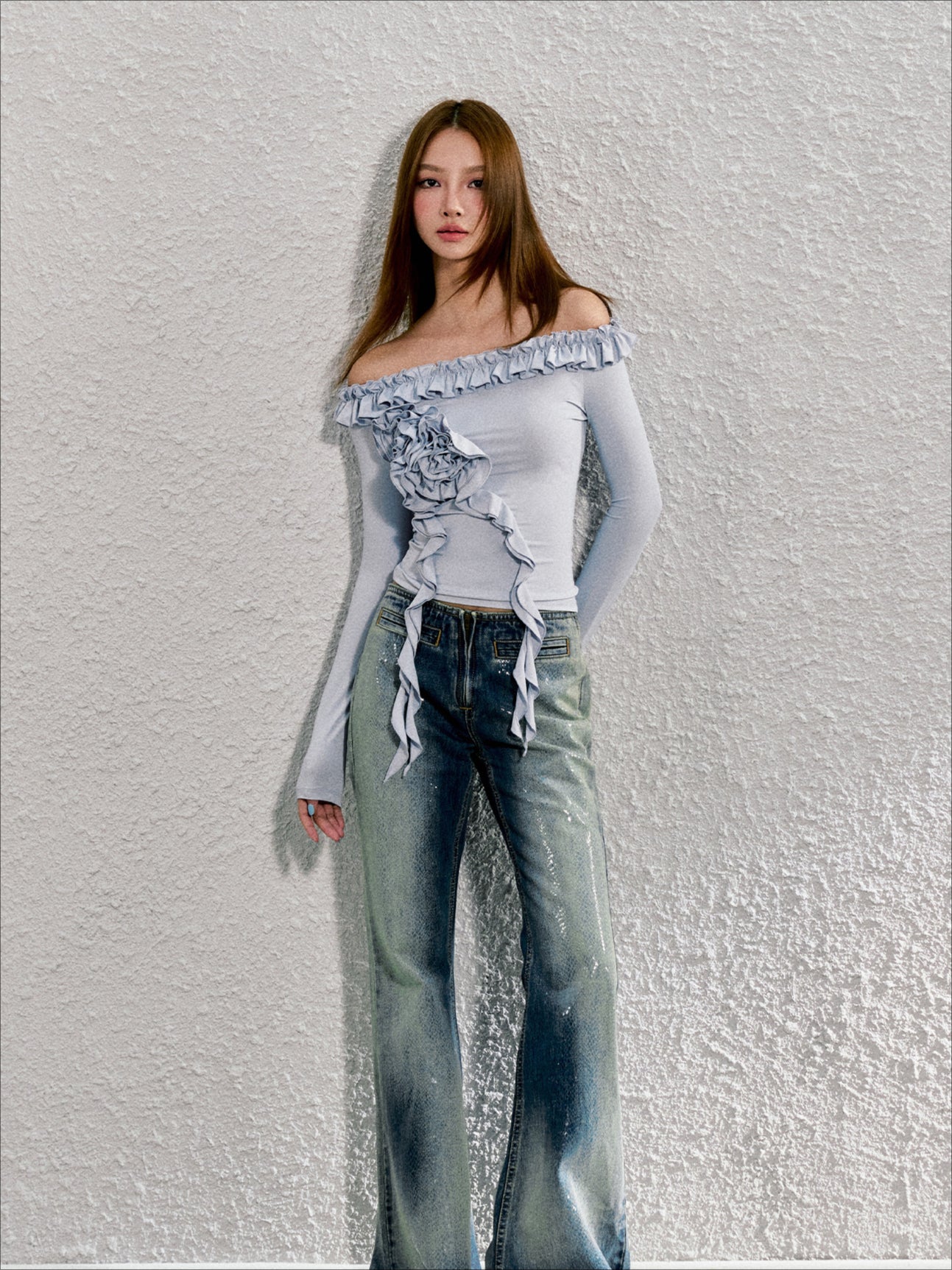 Washed Blue Reflective Foil Micro-flare Denim Trousers - CHINASQUAD