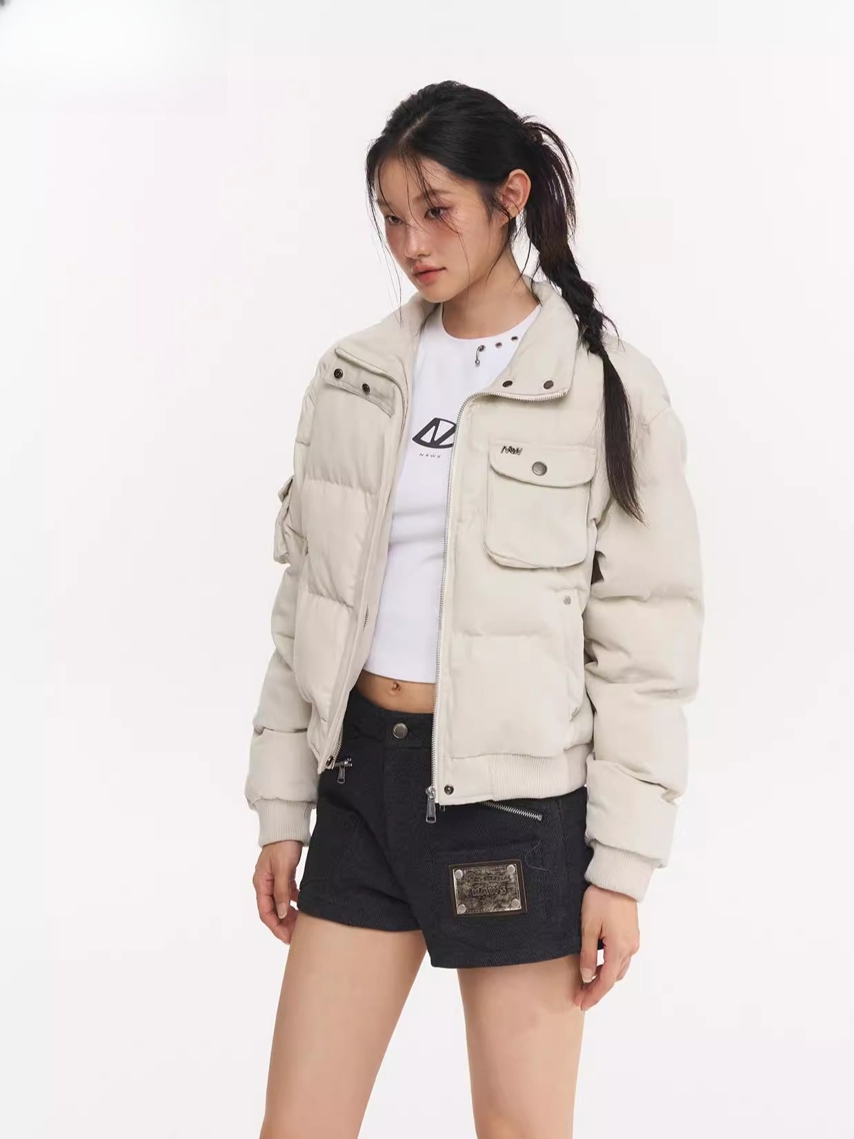 White Fitted High Collar Cotton Jacket