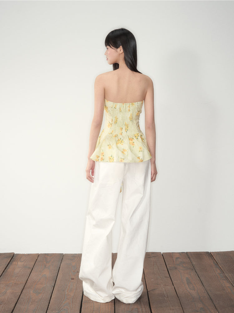 White Lace Splicing Denim Wide-Leg Pants - CHINASQUAD