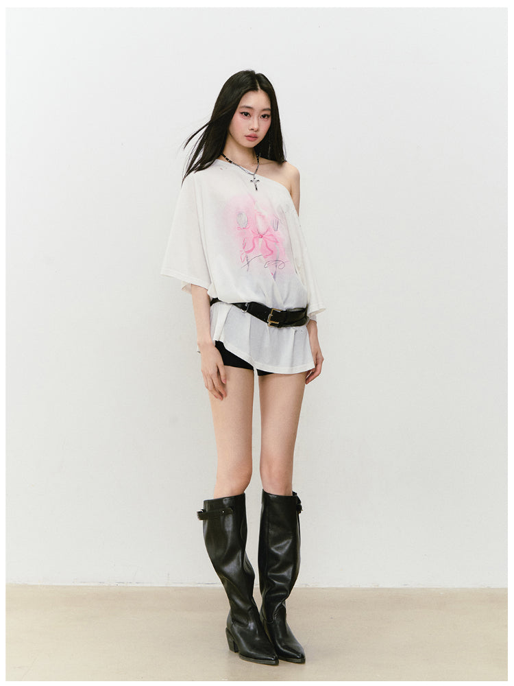 Rhinestone Printed Asymmetric Shoulder Short sleeve T-shirt - CHINASQUAD