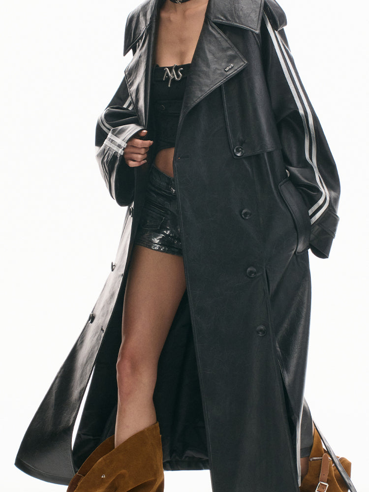 Textured Relaxed Fit Leather Trench Coat - CHINASQUAD