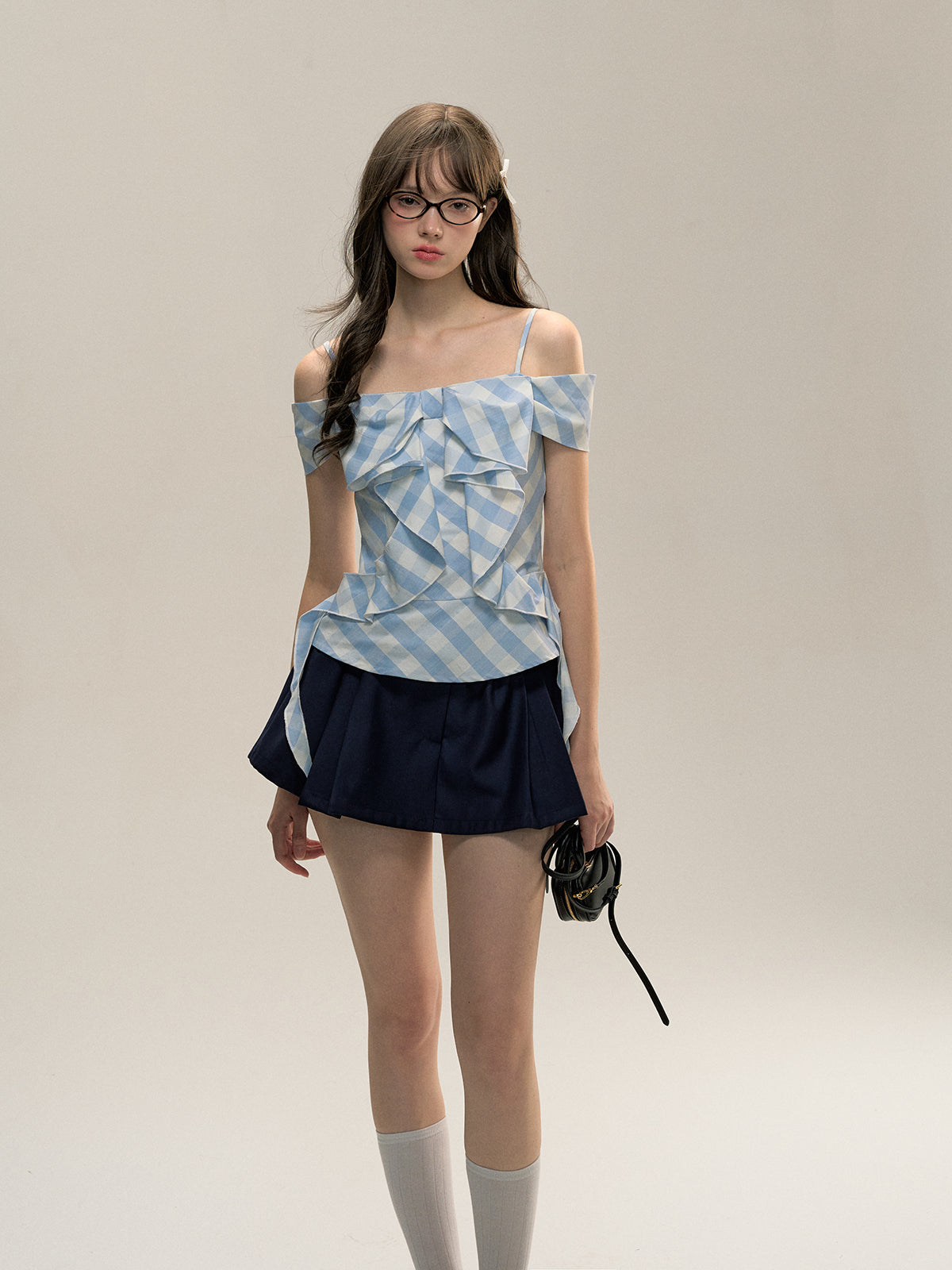 Blue Checkered Detachable Sleeve Off-shoulder Shirt - CHINASQUAD