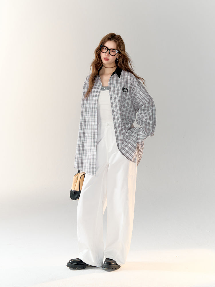 Leather Collar Embroidered Lace Plaid Shirt - CHINASQUAD