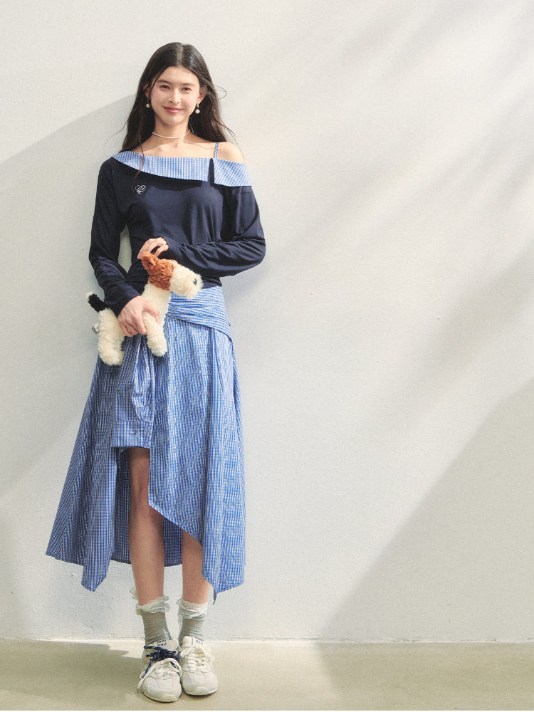 Plaid Spliced One-Shoulder Contrast Long-Sleeve Top & Skirt Set - CHINASQUAD