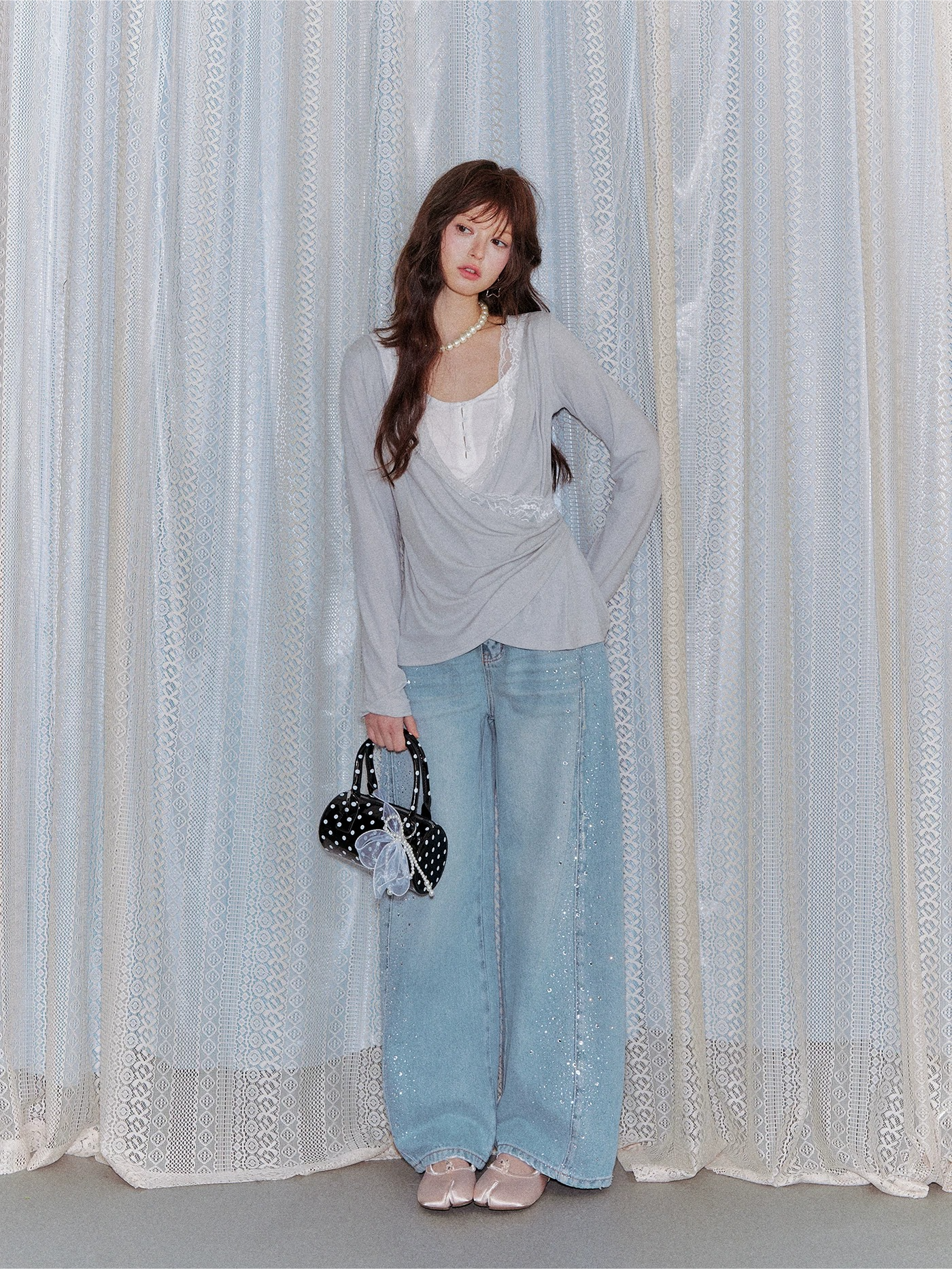 Lyocell Washed Rhinestone Curved-Leg Wide Denim Pants