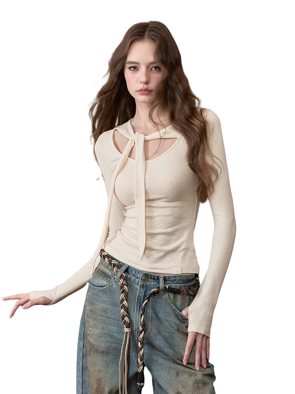 Tie-Detail U-Neck Long Sleeve Knit Blouse - CHINASQUAD