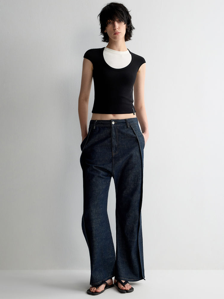 Deep U-Neck Ruffled Short Sleeve T-shirt