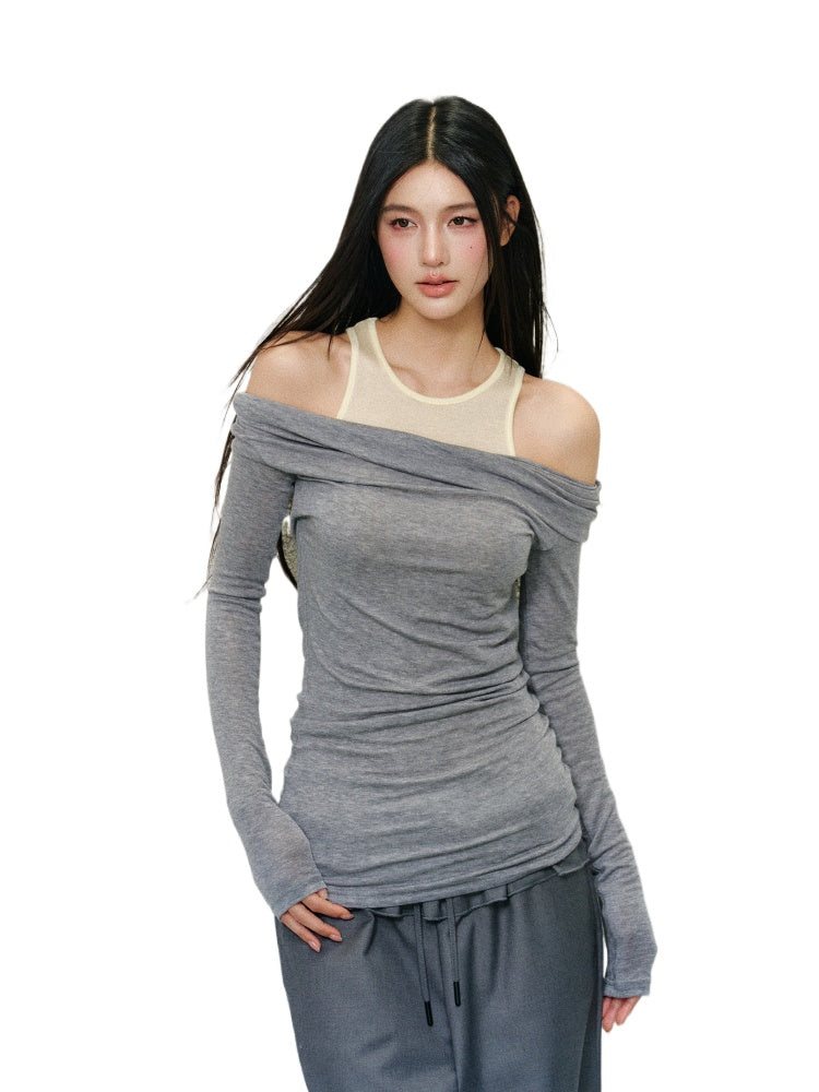 Fake Two-Piece Off-Shoulder Colorblock T-shirt - CHINASQUAD