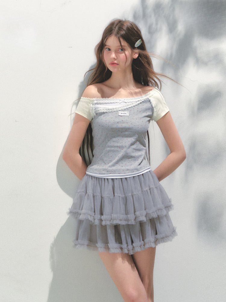 Off-shoulder Fake Three-piece Asymmetric Shoulder T - shirt - CHINASQUAD
