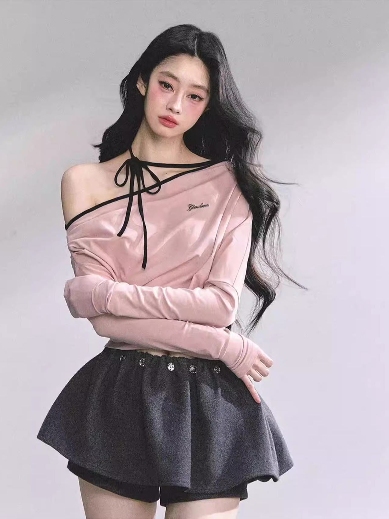 Off-Shoulder Halter Long-Sleeve T-Shirt