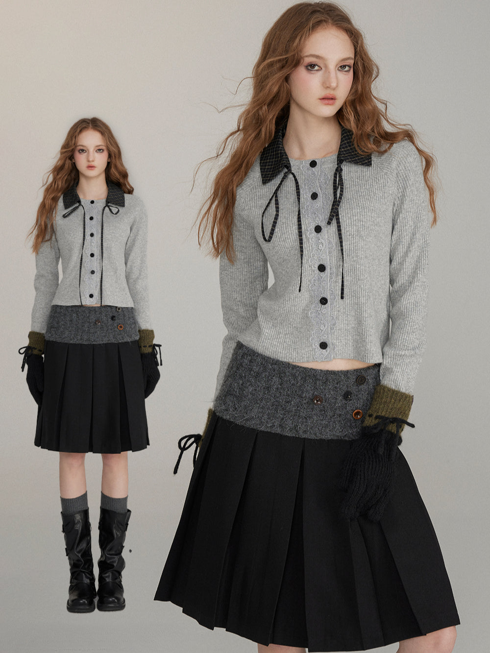 Two-Way Detachable Plaid Cropped Knit Sweater - CHINASQUAD