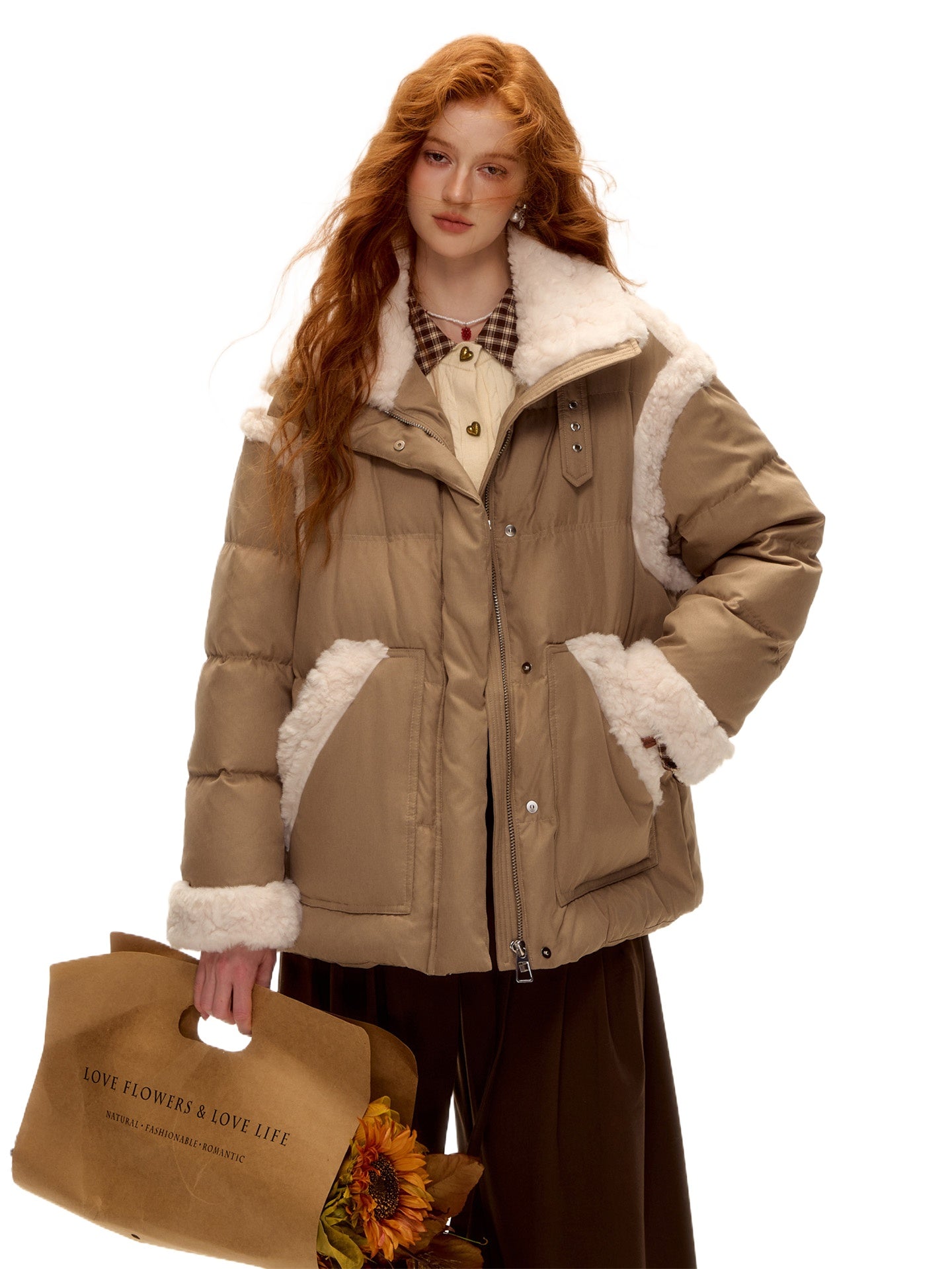Faux Shearling Panel Down Jacket