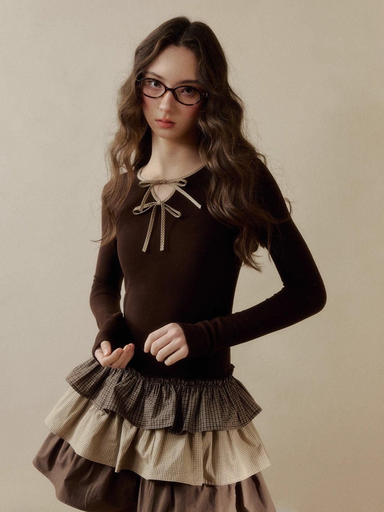 Layered Knit Plaid Tiered Puff Dress