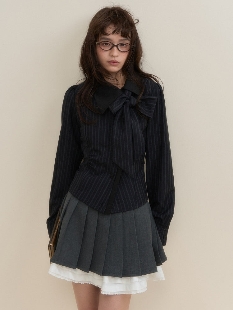 Off-Center Button Detachable Bow Shirt - CHINASQUAD