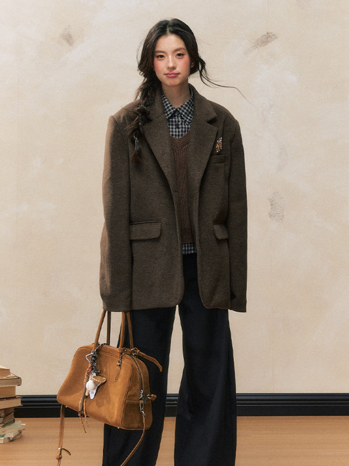 Wool Blend Broad-Shoulder Blazer - CHINASQUAD