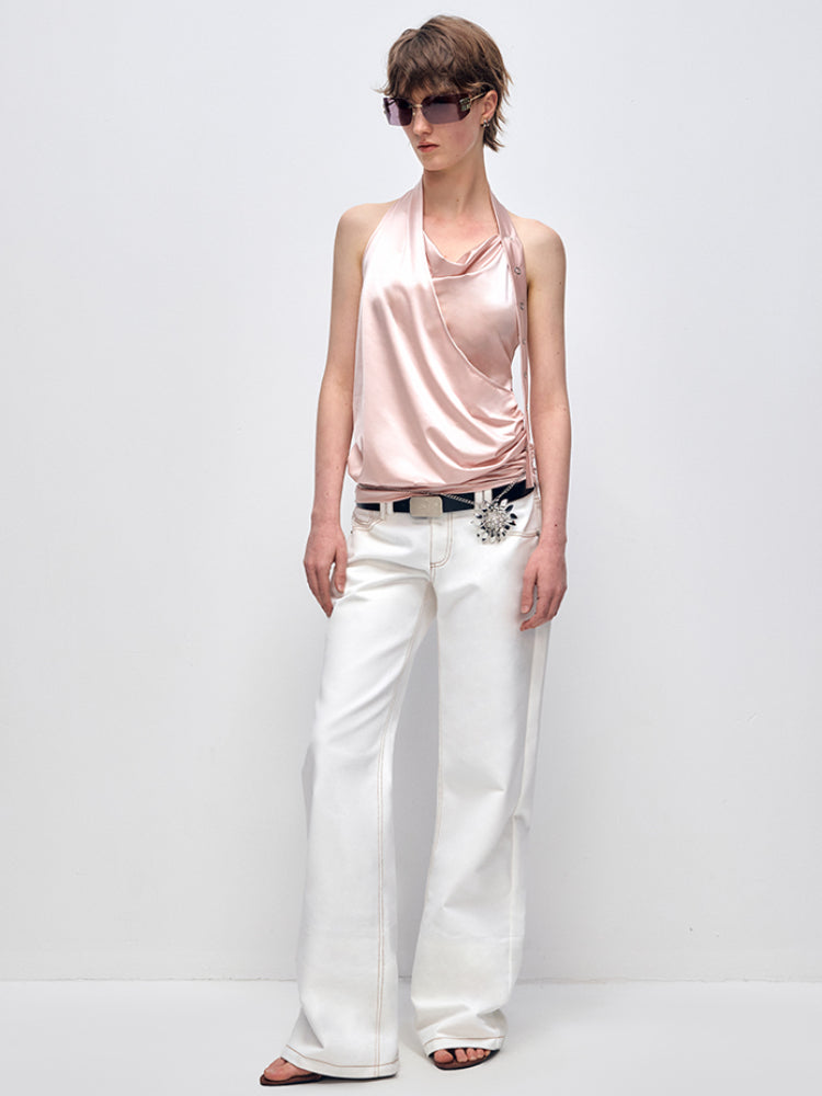 White Patchwork Leopard Print Straight-Leg Denim Pants - CHINASQUAD