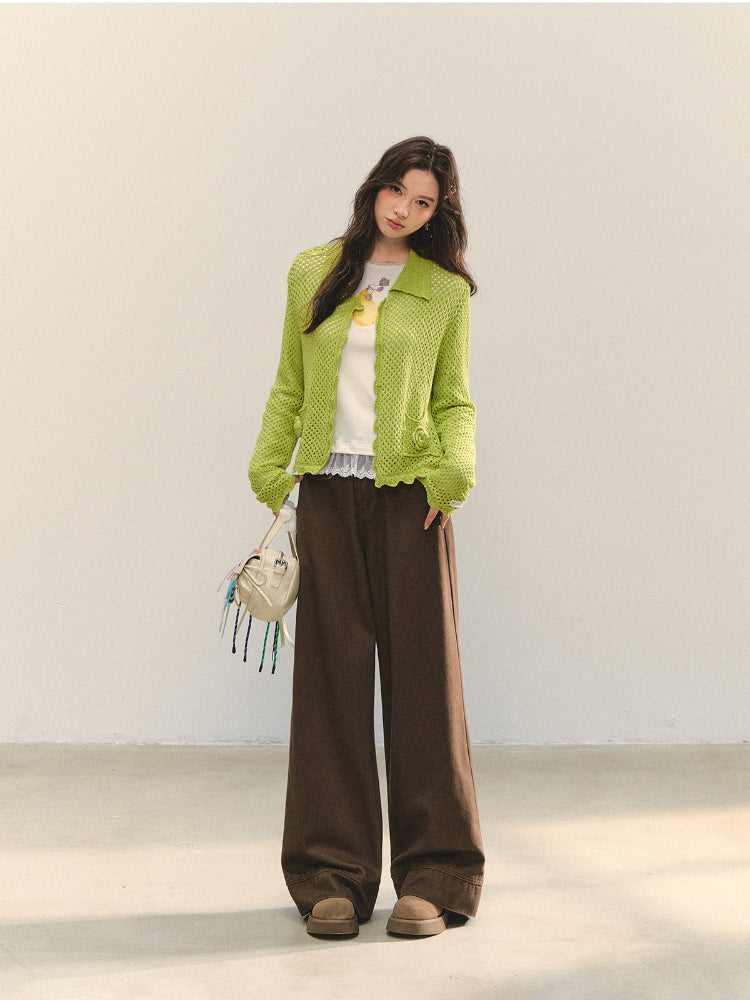 Hollow-out 3D Flower Crochet Lapel Cardigan - CHINASQUAD