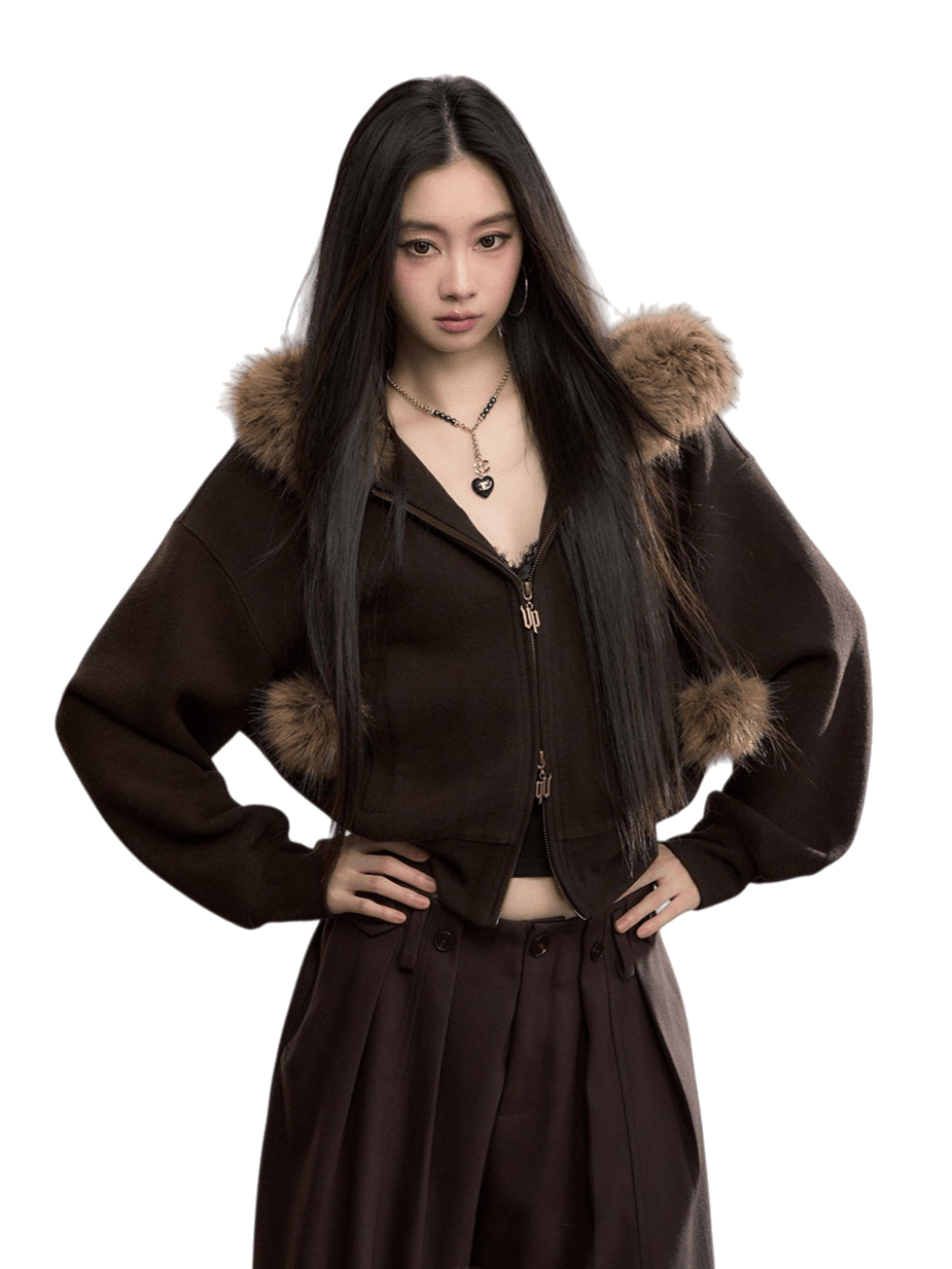 Faux Fur Collar Wool-Blend Fleece Jacket