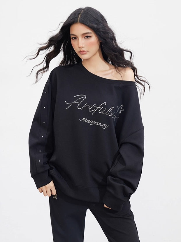Studded Letter Off-Shoulder Sweatshirt