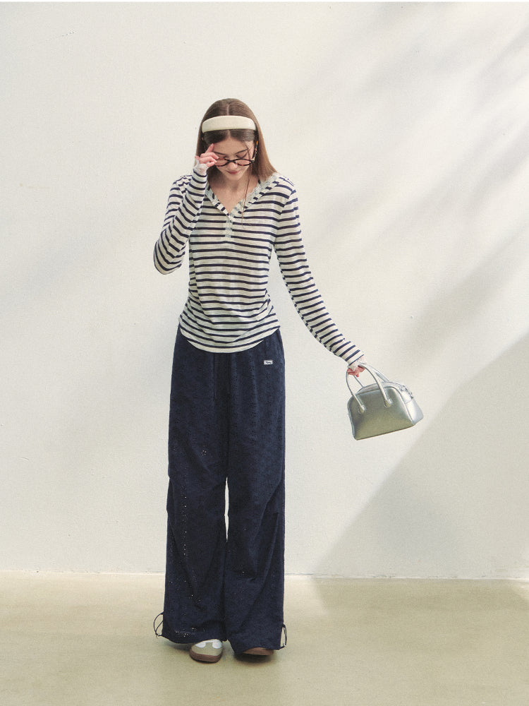 Striped Color-block Lace Spliced T-Shirt - CHINASQUAD