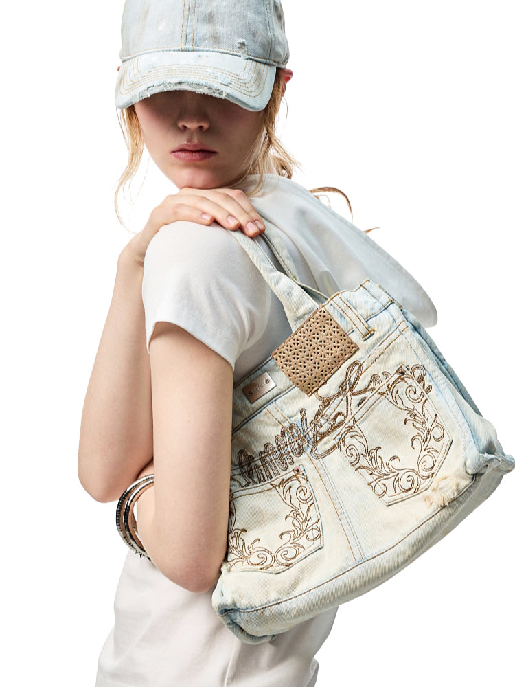 Distressed Printed Denim Tote Bag - CHINASQUAD