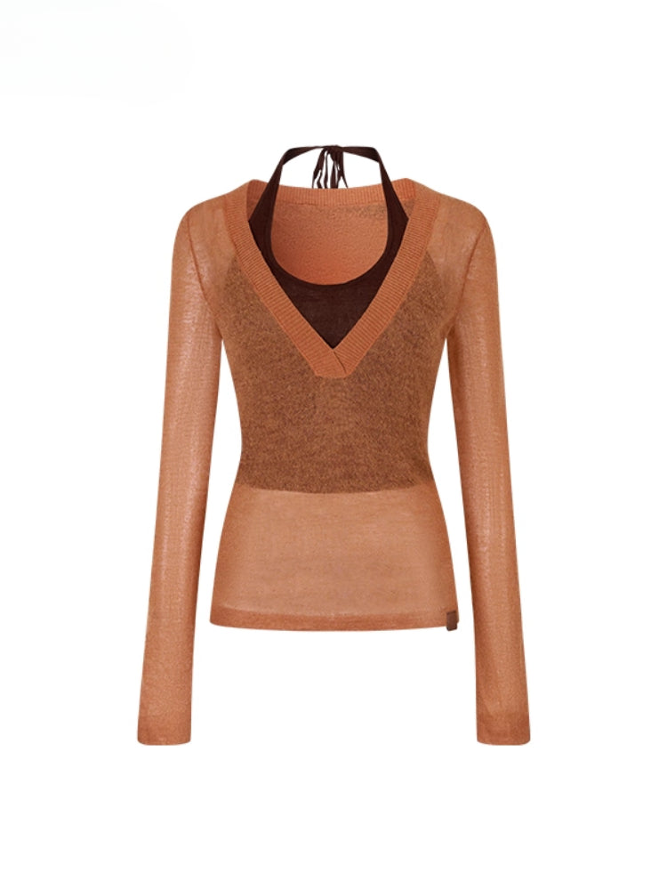 Fake Two-Piece Halter V-Neck Knit Sweater - CHINASQUAD