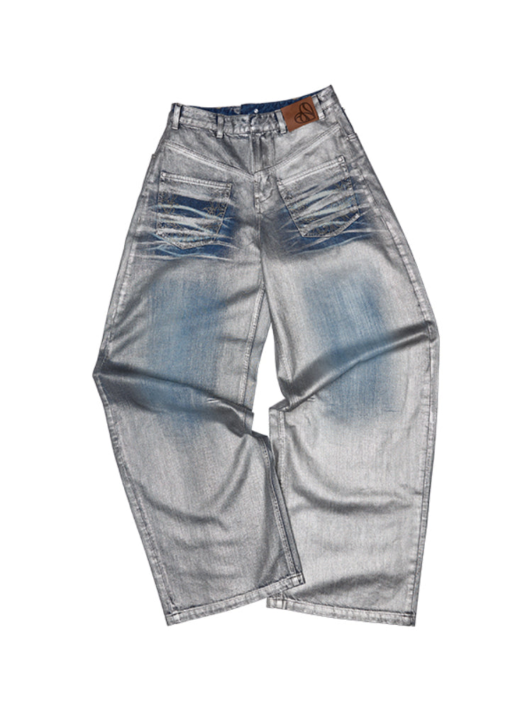 Silver-Foil Embroidered Straight-Leg Denim Curved Pants - CHINASQUAD