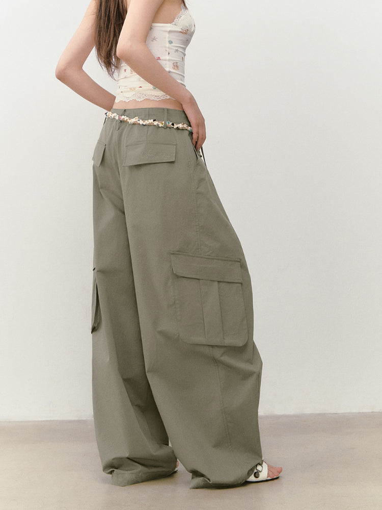 Wide-Leg Beaded Cargo Large Pockets Pants - CHINASQUAD