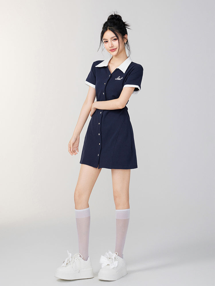 Color-Blocked Button-Up Waist Cinching Polo Dress - CHINASQUAD