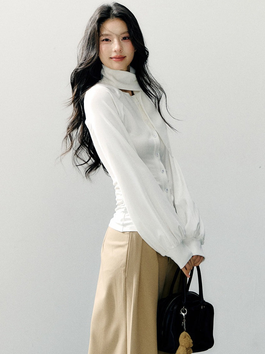 Scarf Collar Fitted Knit Long Sleeve Shirt