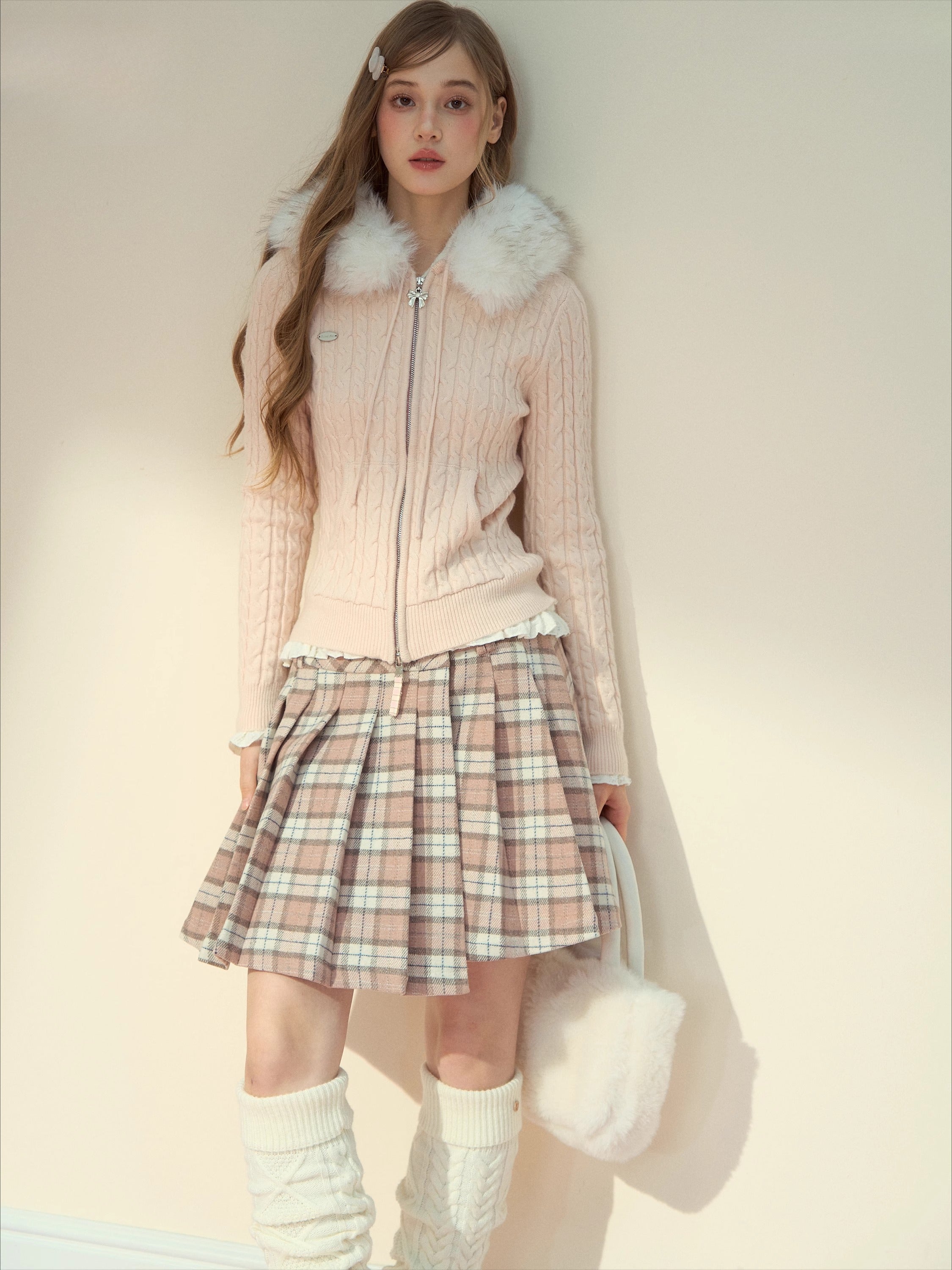 Detachable Fur Collar Blush Zip-up Knit Cardigan - CHINASQUAD