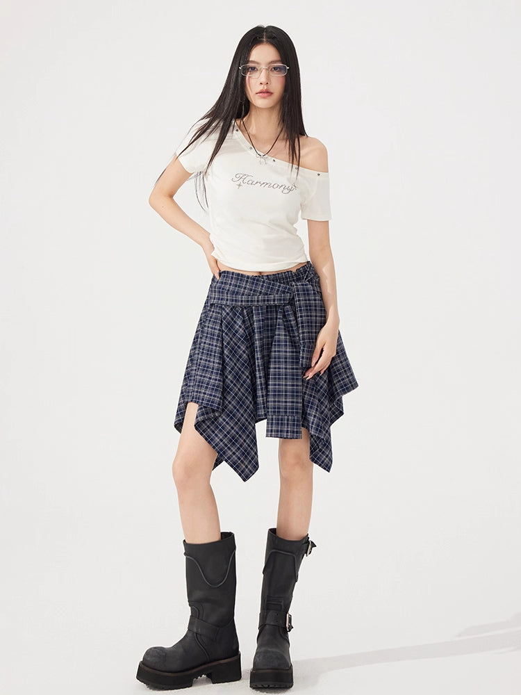Plaid Tie Up Irregular Shirt Skirt - CHINASQUAD
