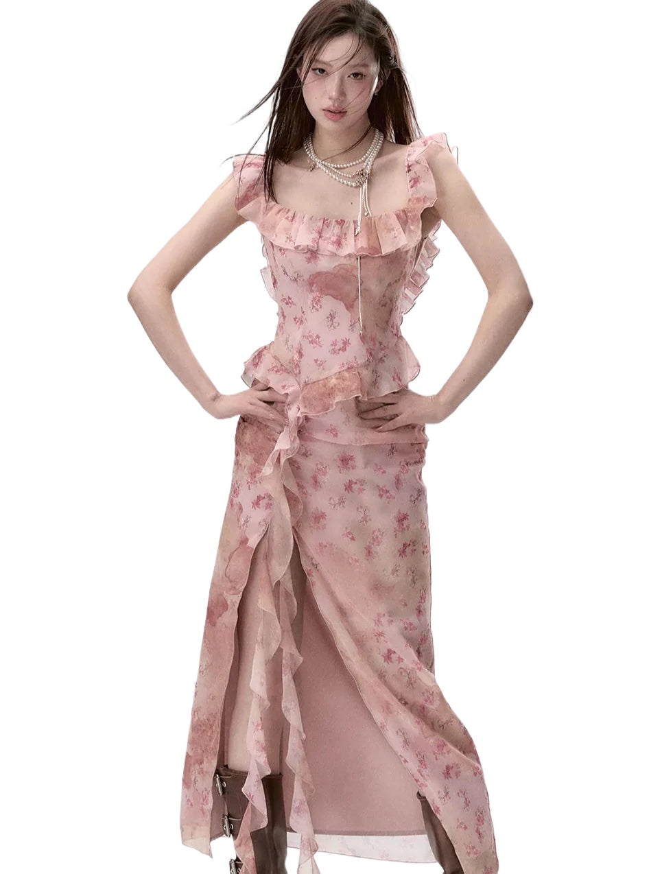 Distressed Floral Split Midi Dress - CHINASQUAD