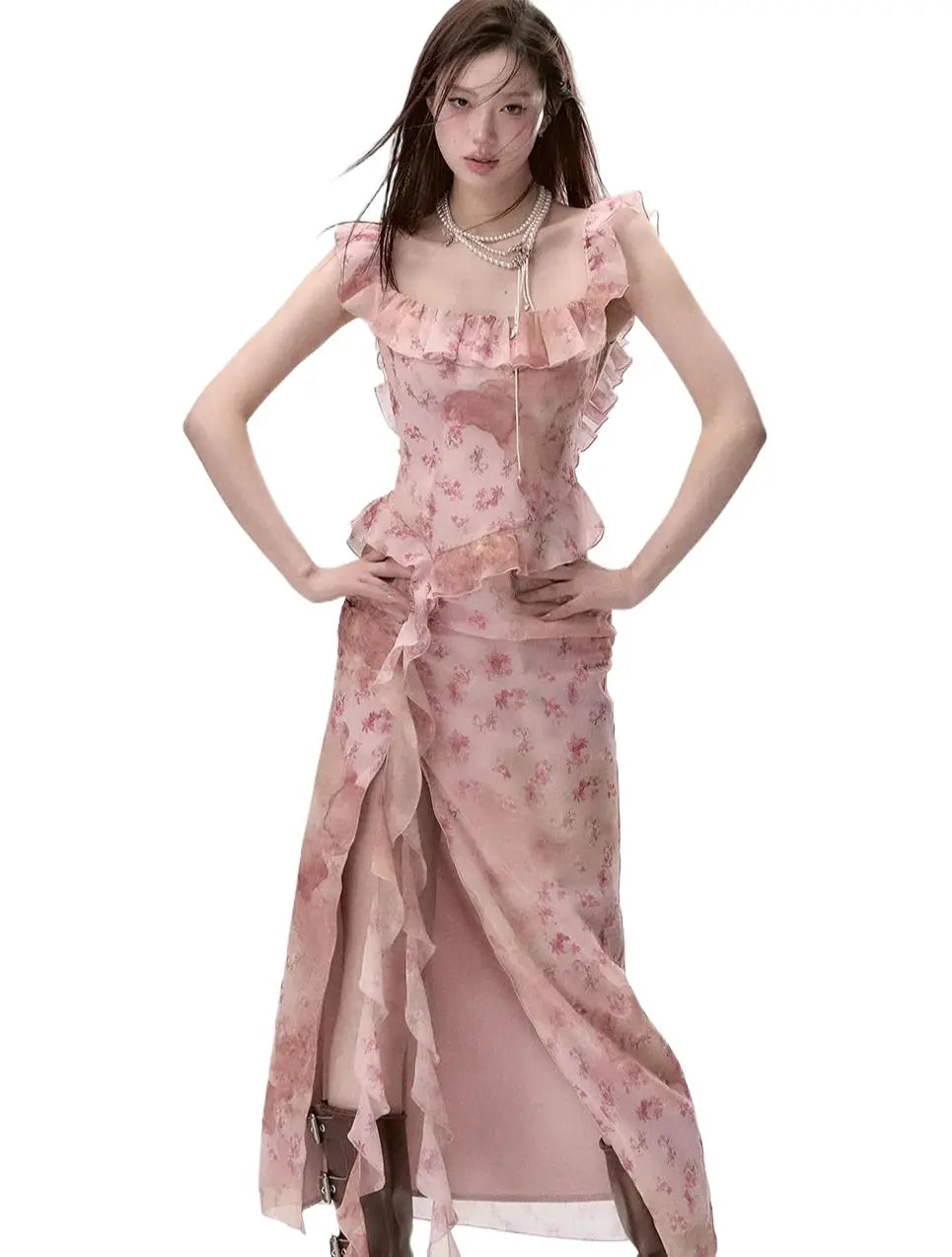 Distressed Floral Split Midi Dress - CHINASQUAD