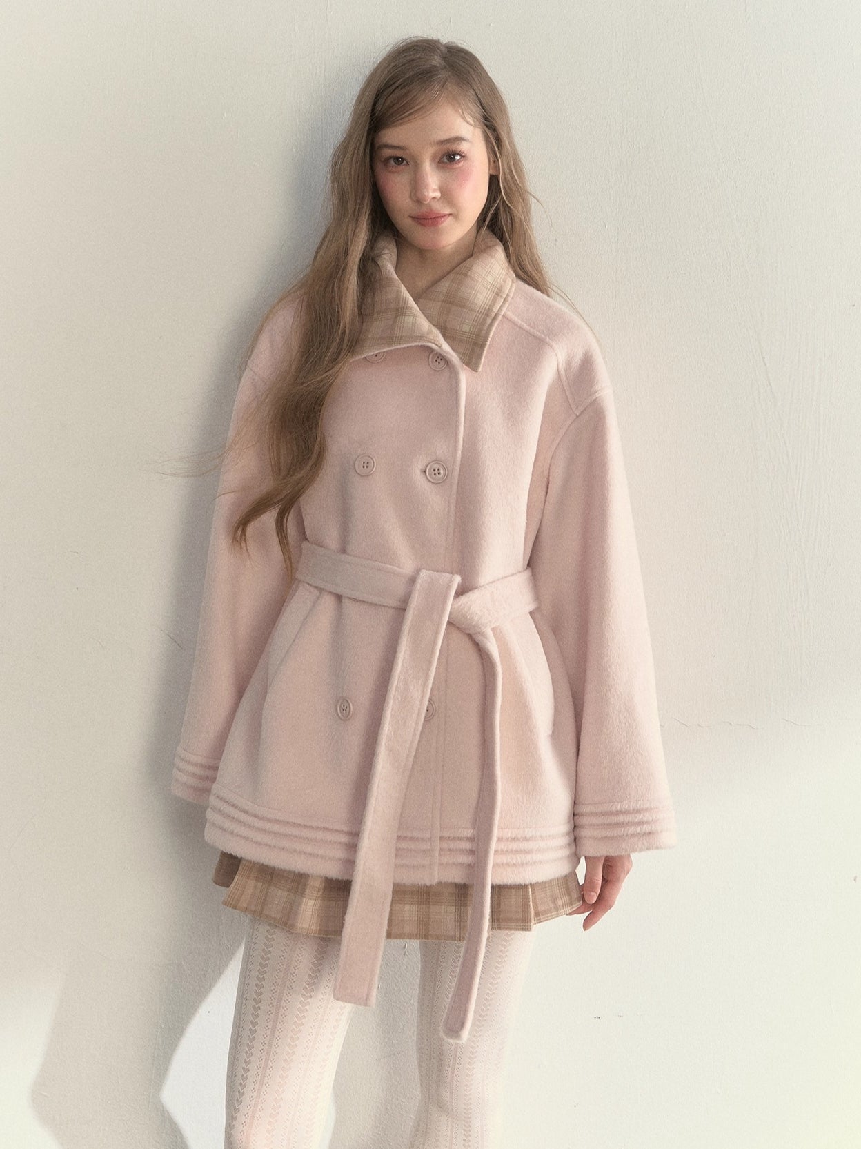Khaki & Misty Pink Plaid Collar & Belt Wool Coat