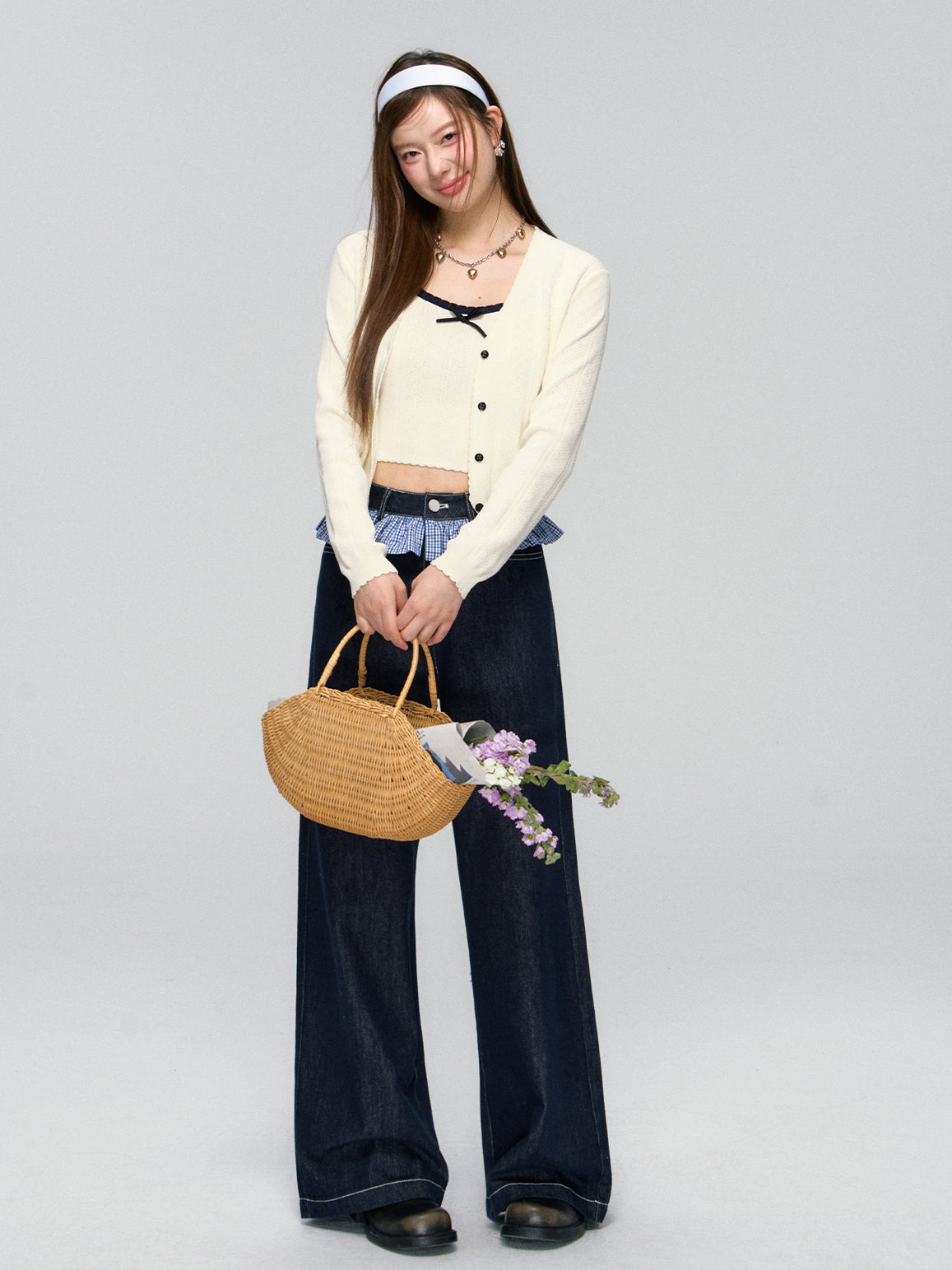 Ruffled Plaid Patchwork Straight Jeans - CHINASQUAD