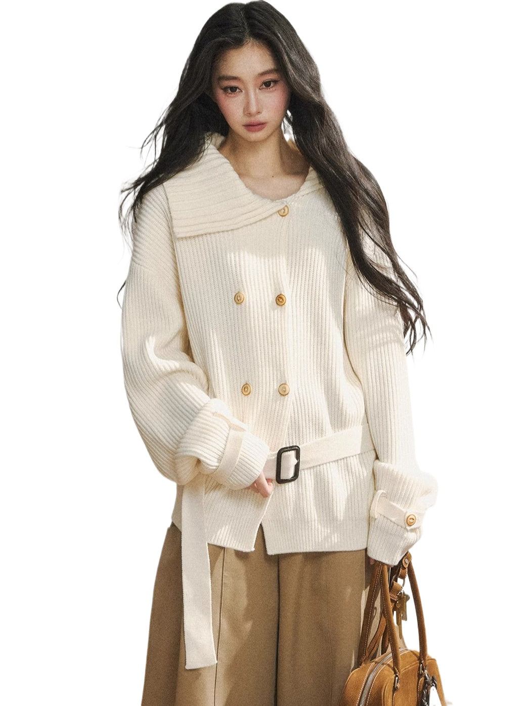 Double-Breasted Belted Knit Cardigan
