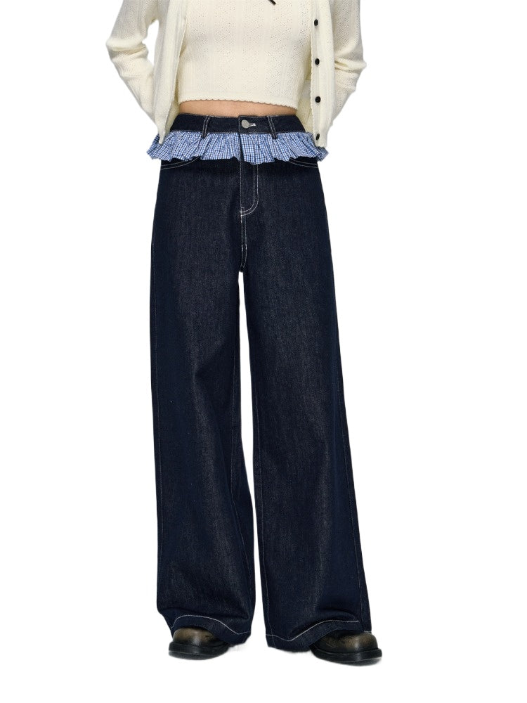 Ruffled Plaid Patchwork Straight Jeans - CHINASQUAD
