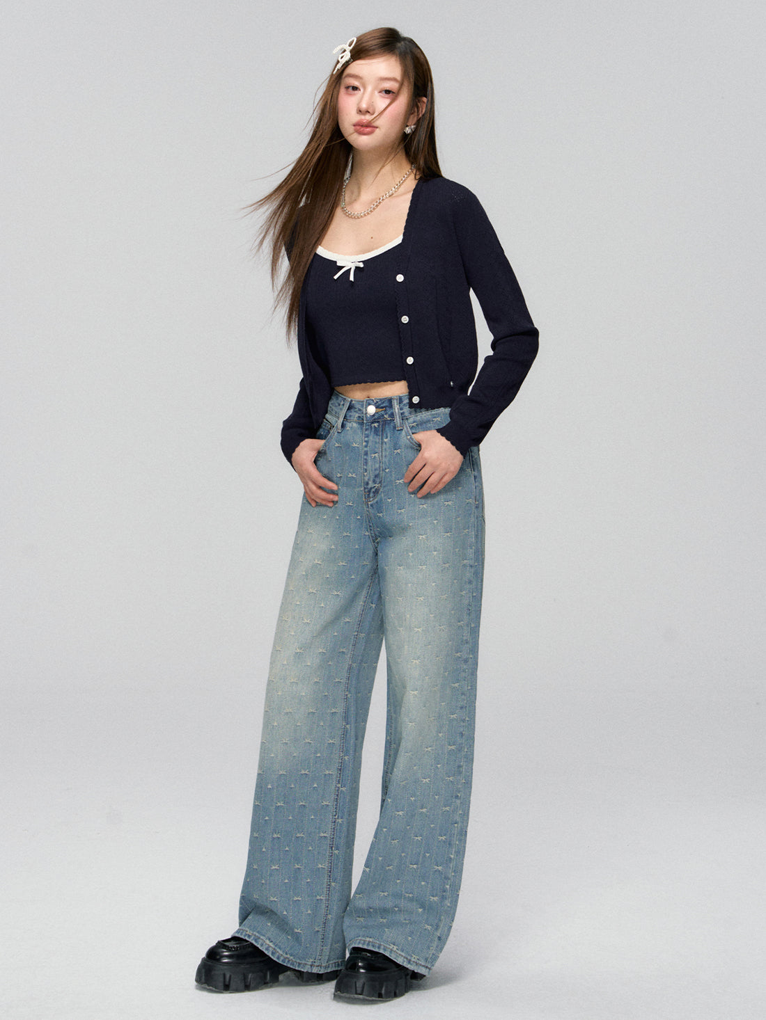 Bow Jacquard Wide-Leg Jeans - CHINASQUAD